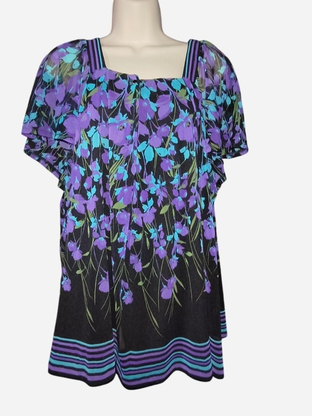 Apt. 9 Black Tunic with Purple and Aqua Floral Pattern